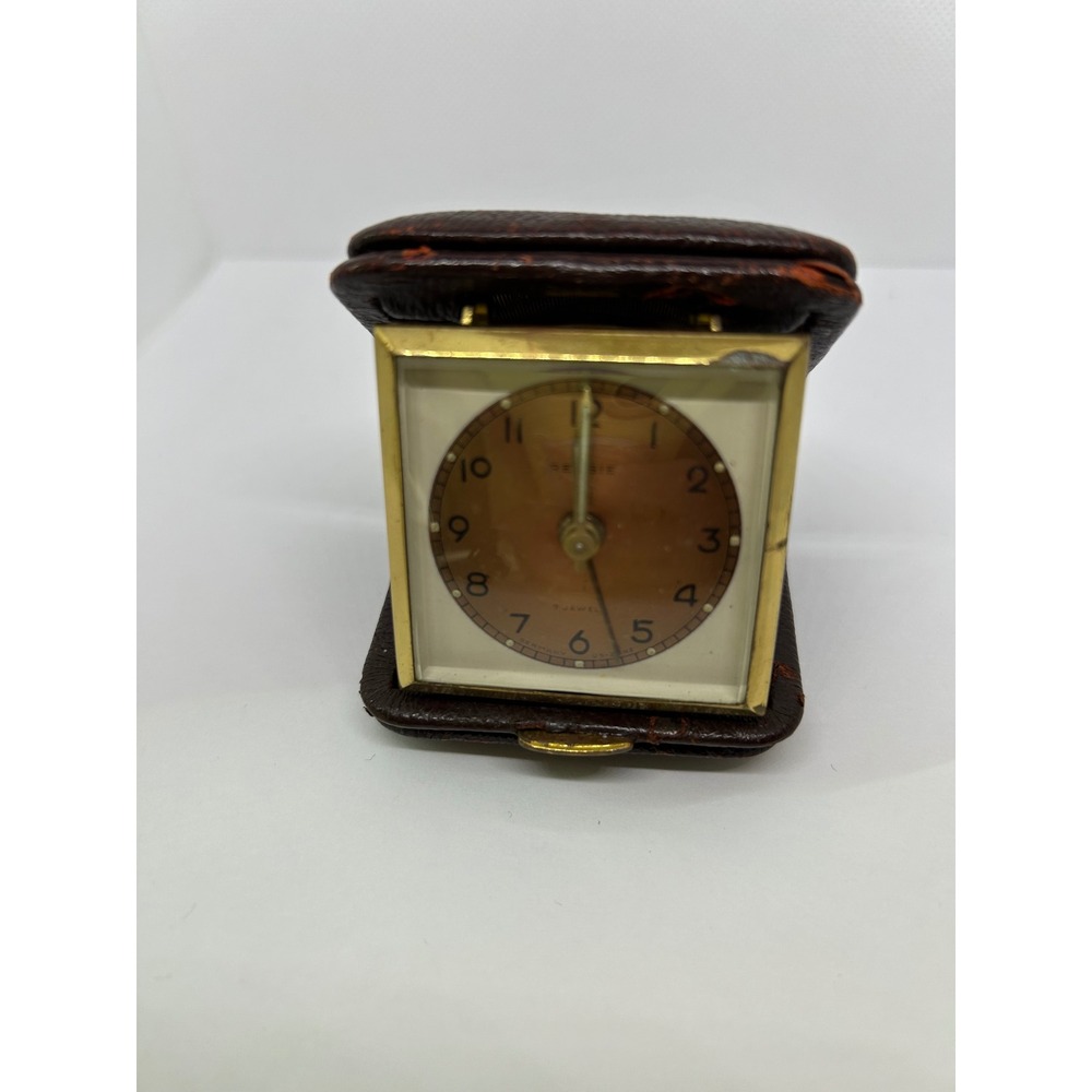 Vintage Rensie Travel Alarm Clock 7 Jewels Leather Case US Zone Germany Brass - Picture 2 of 8